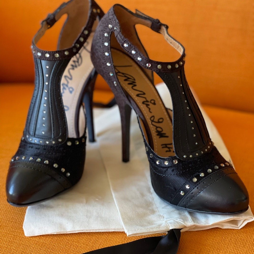 HP💝Vintage New LANVIN blk & brn satin & leather with rhinestones HEELS - Picture 1 of 13